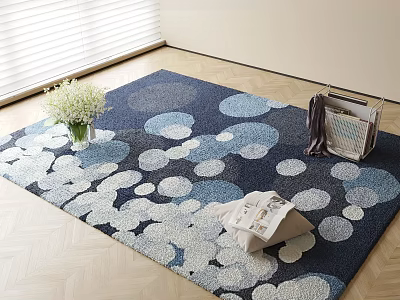 Square Navy Blue White Circular Pattern Rug With Vase Flowers Magazine On Wooden Floor 3d model