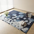 Square Navy Blue White Circular Pattern Rug With Vase Flowers Magazine On Wooden Floor