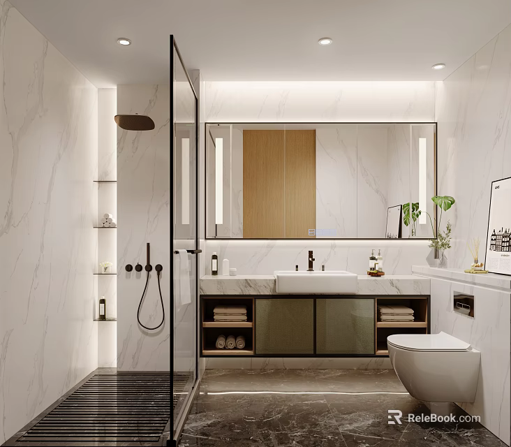Modern Luxury Bathroom Interior With White Marble Finishes Glass Shower And Large Backlit Vanity Mirror 3d model 