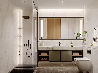 Modern Luxury Bathroom Interior With White Marble Finishes Glass Shower And Large Backlit Vanity Mirror 3d model