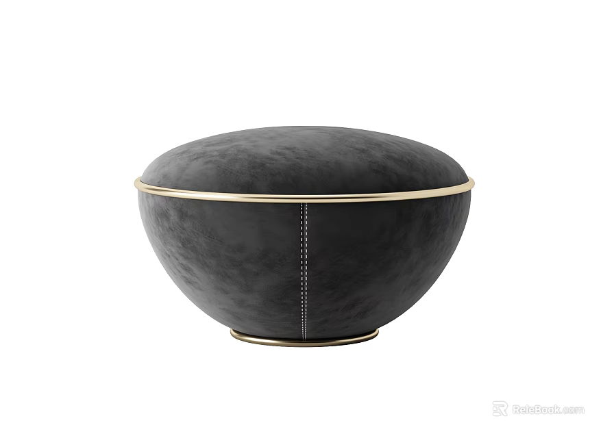 Elegant Modern Black Leather Ottoman With Gold Trim And Round Design 3d model 