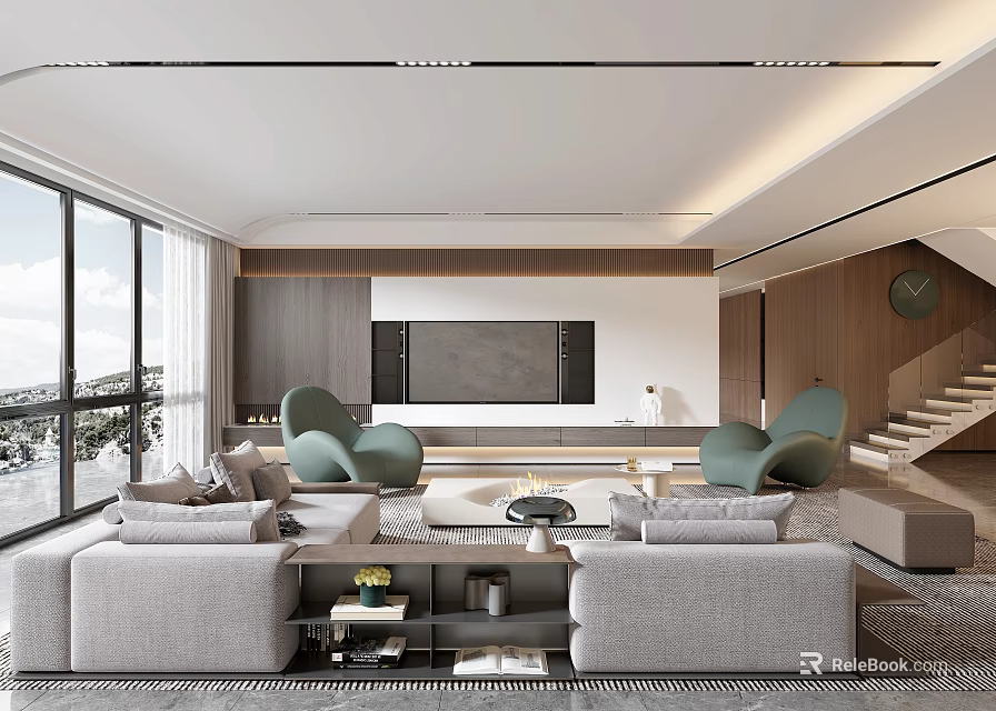 Spacious Modern Living Room Interior With Large Windows Gray Sofas And Green Chairs 3d model