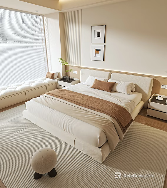 Modern Cozy Double Bed Bedroom Interior With White Bedding Brown Blanket Nightstand And Wall Art 3d model 