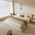 Modern Cozy Double Bed Bedroom Interior With White Bedding Brown Blanket Nightstand And Wall Art