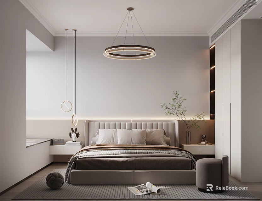 Modern Bedroom Interior With Upholstered Headboard Round Pendant Light Potted Plant And Wardrobe 3d model 