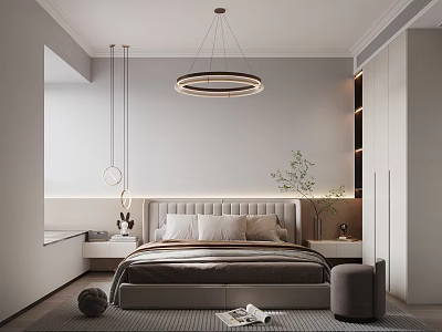Modern Bedroom Interior With Upholstered Headboard Round Pendant Light Potted Plant And Wardrobe 3d model