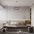 Modern Bedroom Interior With Upholstered Headboard Round Pendant Light Potted Plant And Wardrobe