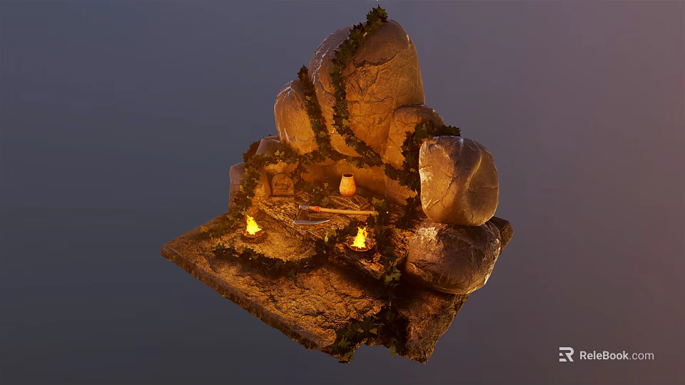 Rustic Stone Decorative Scene Structure With Vines Moss And Lit Candles 3d model 