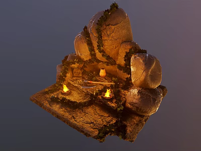 Rustic Stone Decorative Scene Structure With Vines Moss And Lit Candles 3d model