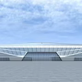 Modern Large Building With Geometric Metal Facade And Glass Curtain Wall