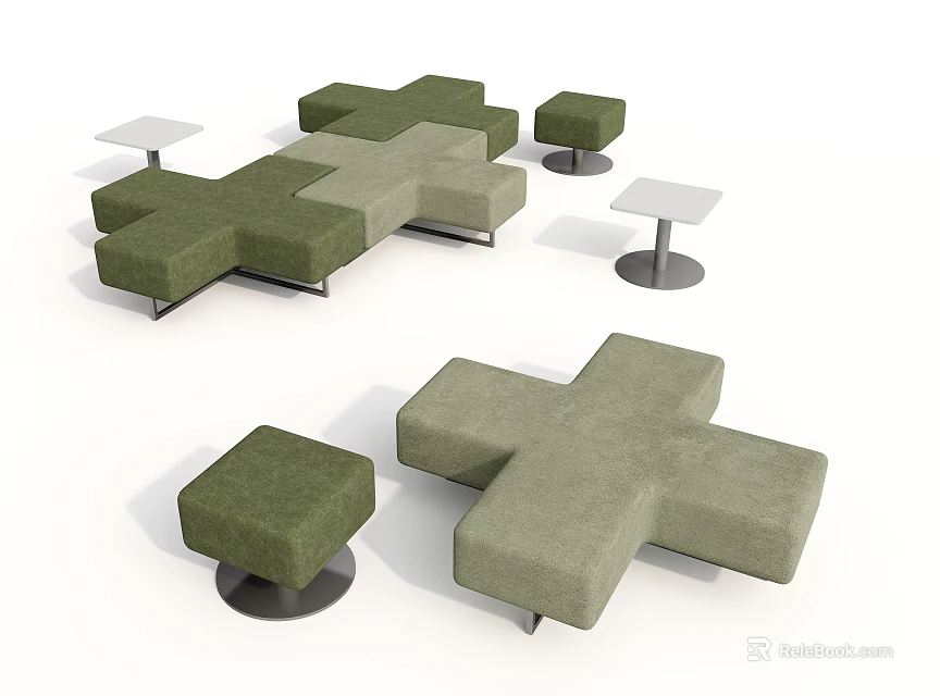 Modern Green Cross Shaped Public Chairs With Soft Cushions And Small Tables For Public Spaces 3d model 