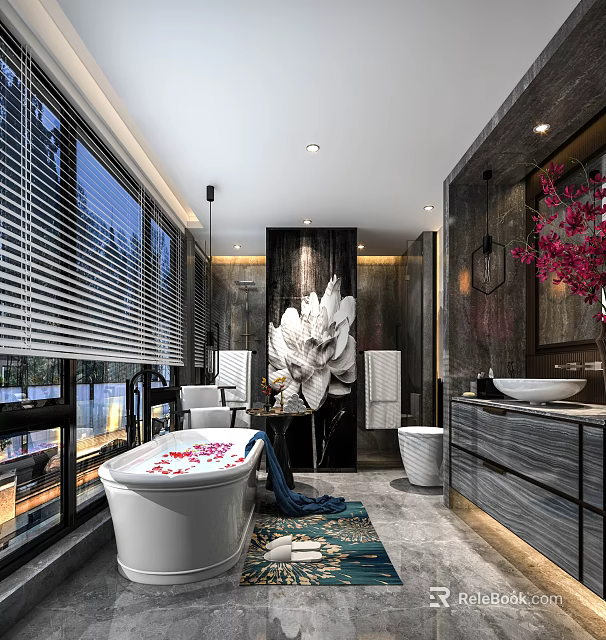 Modern Luxury Hotel Bathroom With Bathtub Flower Petals Large Windows Blinds And Pink Decorative Flowers 3d model 