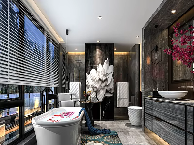 Modern Luxury Hotel Bathroom With Bathtub Flower Petals Large Windows Blinds And Pink Decorative Flowers 3d model