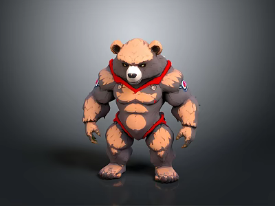 Muscular Bear 3D Model With Red Straps In Cartoon Game Character Style Standing Pose 3d model