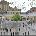 Vibrant Commercial Street With Multi Story Buildings Central Palm Tree Crowded People And Colorful Balloons