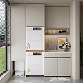 Modern Home Balcony Design With Storage Cabinets Washing Machine And Green Plants