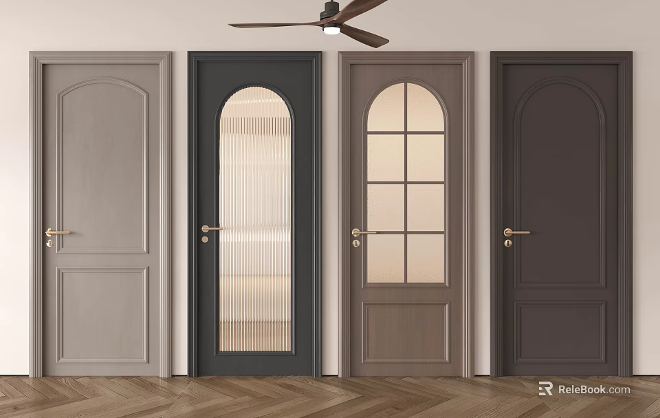 Various Styles of Hinged Doors with Glass Panels Gray Brown Colors and Golden Handles 3d model 