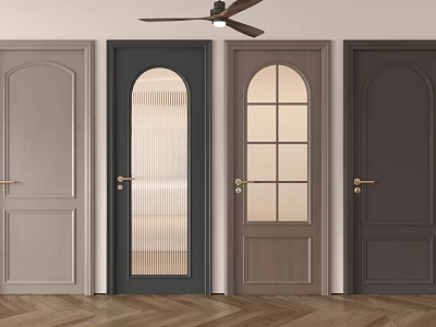 Various Styles of Hinged Doors with Glass Panels Gray Brown Colors and Golden Handles 3d model