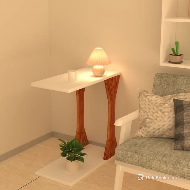 Stylish White Top Side Table With Wooden Legs Lamp Cup And Potted Plant By Sofa 3d model 