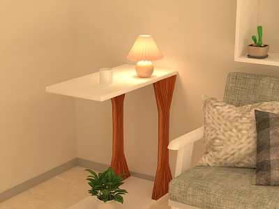 Stylish White Top Side Table With Wooden Legs Lamp Cup And Potted Plant By Sofa 3d model
