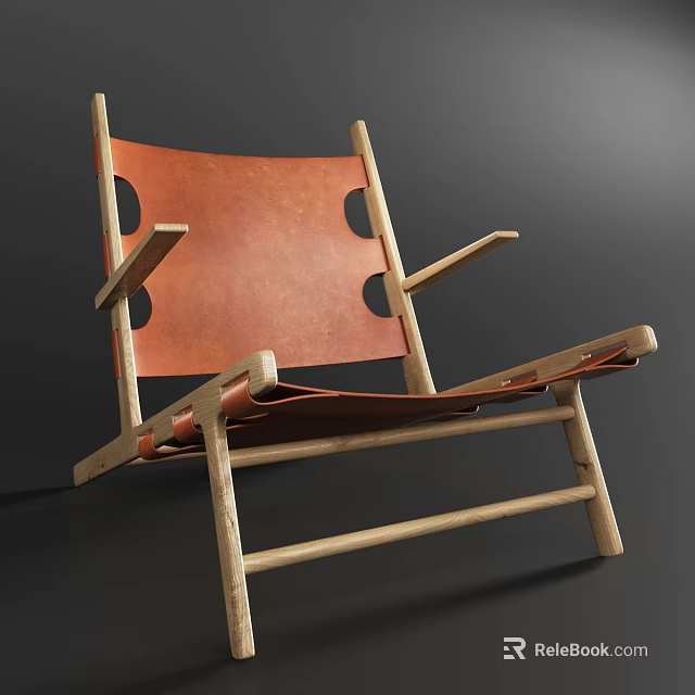 Minimalist Leisure Chair with Wooden Frame and Brown Leather Seat Sturdy Structure and Comfortable Armrests 3d model 