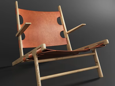 Minimalist Leisure Chair with Wooden Frame and Brown Leather Seat Sturdy Structure and Comfortable Armrests 3d model