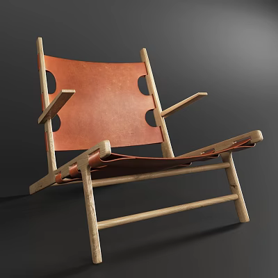 Minimalist Leisure Chair with Wooden Frame and Brown Leather Seat Sturdy Structure and Comfortable Armrests 3d model