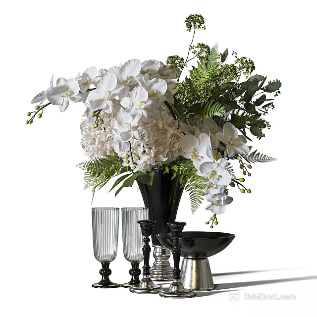 Decorative Ornament Set Featuring White Orchids Hydrangeas Ferns Black Vase Glass Goblets And Silver Bowl 3d model 