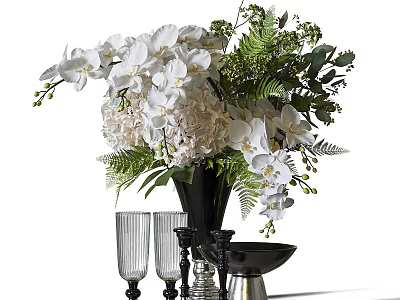 Decorative Ornament Set Featuring White Orchids Hydrangeas Ferns Black Vase Glass Goblets And Silver Bowl 3d model