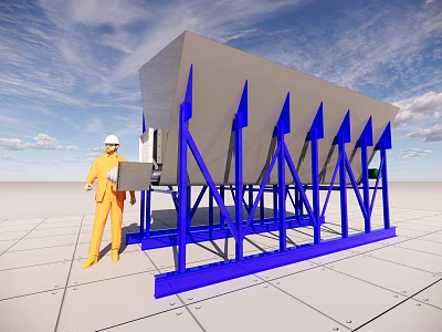 Industrial Equipment With Blue Support Frame Gray Container Arrows And Operator Monitoring Laptop 3d model
