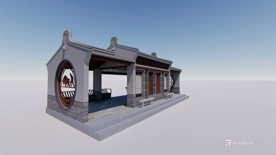 Traditional Chinese Garden Landscape With Chinese Pavilion Gray Tiles Wooden Structure And Circular Window 3d model 