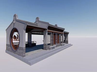 Traditional Chinese Garden Landscape With Chinese Pavilion Gray Tiles Wooden Structure And Circular Window 3d model
