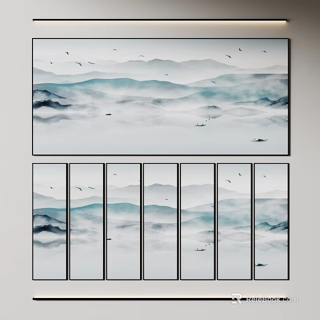 Chinese Ink Mountain Landscape Wall Art With Multiple Panels And Birds 3d model 
