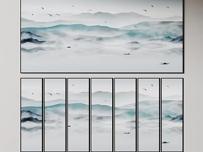 Chinese Ink Mountain Landscape Wall Art With Multiple Panels And Birds 3d model