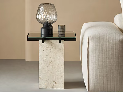 Glass Top Side Table With Marble Base Next To Cream Sofa In Living Room 3d model