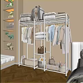 Sturdy White Clothing Rack with Hanging Folded Clothes and Storage Baskets 3d model