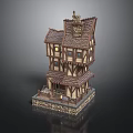 Medieval Multi Story Building With Wooden Frame Gabled Roof Stone Base And Lit Windows