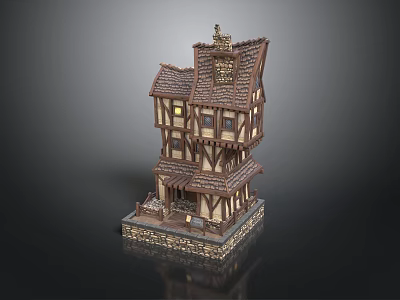 Medieval Multi Story Building With Wooden Frame Gabled Roof Stone Base And Lit Windows 3d model