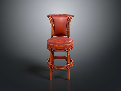 Red Leather Bar Stool With Stitched Details Round Footrest And Wooden Legs 3d model