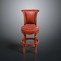 Red Leather Bar Stool With Stitched Details Round Footrest And Wooden Legs