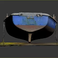Blue Vintage Wooden Boat With Red Accents And Buoys On Dark Background