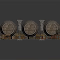 Rustic Architectural Scene With Stone Pillars Three Barrels And Wooden Tables