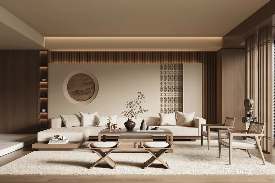 Modern Living Room Interior Design With Wooden Elements Round Decorative Painting And Sofa Coffee Table 3d model 