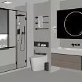 Modern Bathroom Interior Design With Glass Shower Round Mirror Vanity And Toilet