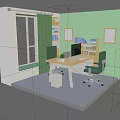 Green Wall Office Interior With Window Curtains Bookshelf Computer Monitor And Wooden Desk