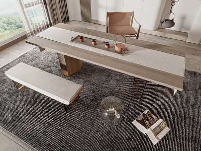 Modern Tea Table with Bench Chair Tea Cups on Tray by Window on Woven Rug 3d model