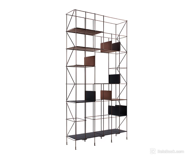 Modern Bookcase With Metal Frame Multiple Shelves And Colored Storage Units 3d model 