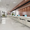 Modern Service Hall Interior With Wooden Counters Computers And Waiting Seats 3d model