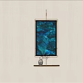 Vibrant Abstract Painting With Blue Green Hues Black Frame On Beige Wall And Shelf Decor