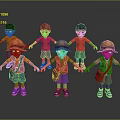 Friendly Cartoon Game Movie Child Characters Wearing Red Shirts Blue Shorts Brown Explorer Outfits Hats